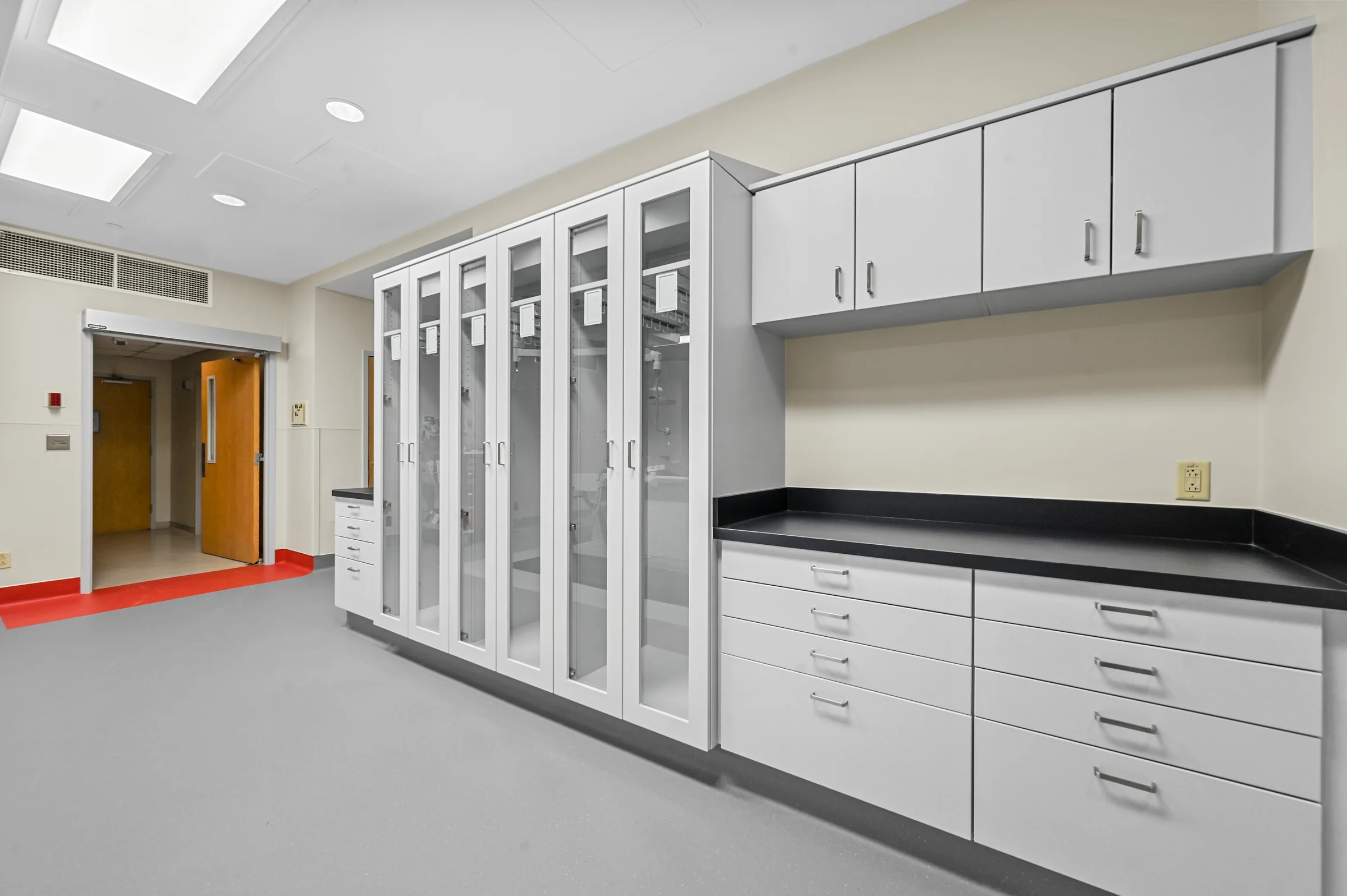 Finished healthcare wall casework with glass doors and black work surface